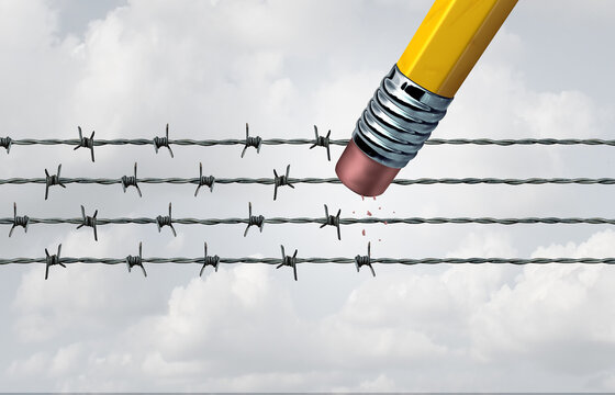 Eliminating Oppression and fighting for the oppressed by liberation as a pencil eraser erasing the barbed wires resulting in freedom and liberty as a justice symbol