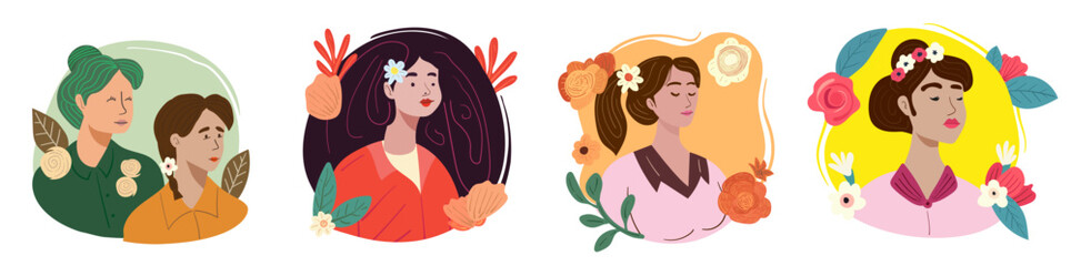 Modelos vectoriales con mujeres de diferentes nacionalidades y culturas. Ilustración estilo dibujo animado de mujeres con motivos de flores.