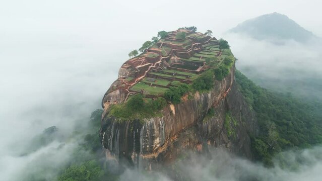 Aerial drone shot of World Wonder, Sigiriya Rock in Sri Lanka