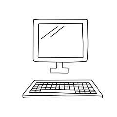 Hand draw doodle vintage computer. Vector line illustration isolated on white