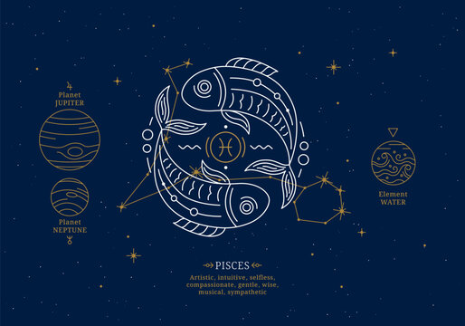 Pisces zodiac sign with description of personal features. Astrology horoscope card with zodiac constellation on dark blue sky thin line vector illustration