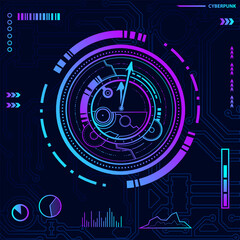 Digital screen clock cyberpunk technology design with dark background. Abstract vector illustration.