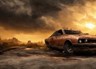 Fototapeta premium An old car in a post-apocalypse world. Generated by AI