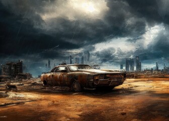 An old car in a post-apocalypse world. Generated by AI