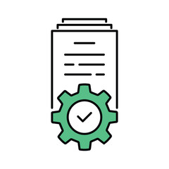 Fototapeta premium technical project icon with green gear on document. flat linear trend modern logotype graphic stroke design isolated on white. concept of simple content symbol or extract info or paper work flow sign
