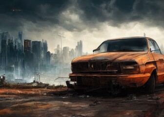Obraz premium An old car in a post-apocalypse world. Generated by AI