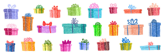 Fototapeta premium Children's drawing. Set of gifts in blue. green, pink, orange, yellow, purple color