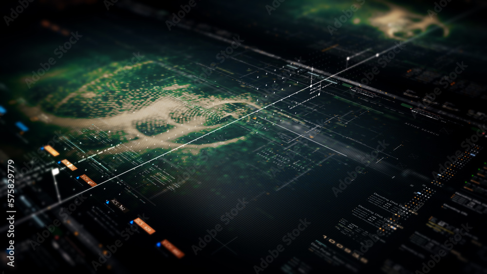 Fototapete Advanced data matrix telemetry, meta, metaverse, and encrypt source code database numbers simulation in cyber space environment for head up display background