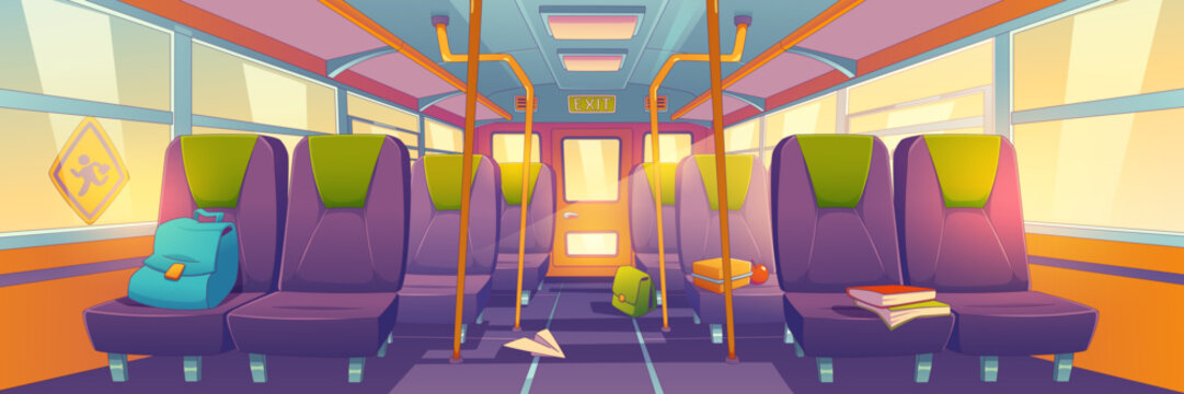 Empty school bus interior with book on seat vector cartoon background. Clean train inside view with closed door and exit signboard. Comfortable urban public transport with nobody in aisle.
