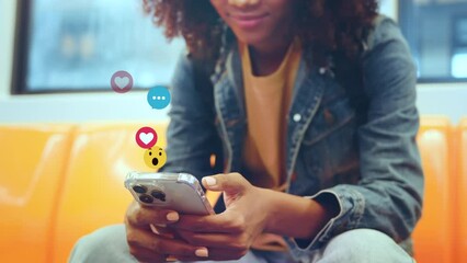 Woman hands using smartphone watching a live stream on the train, Happy passengers on a subway using social media on their mobile phone.
