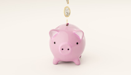Piggy bank and euro coins. Funds and budgeting of economy. Investment income, real estate banking. Pink pig bank on pink background. 3d rendering