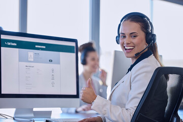 Call center portrait, woman thumbs up and consultant or agent with customer support success, good...