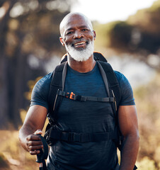 Fitness, hiking and portrait of black man in forest for freedom, health and sports training. Exercise, peace and wellness with senior hiker trekking in nature for travel, summer break and adventure