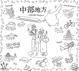 日本の中部地方の春の名物観光を楽しむシニア夫婦、アイコンのセット（線画白黒）
