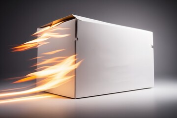 Fast and Delivery: A High Speed Delivery Shipping Experience Box Design on Fire, Generative AI.