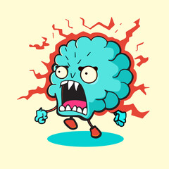vector image of an evil brain. Brain on legs surrounded by red lightning