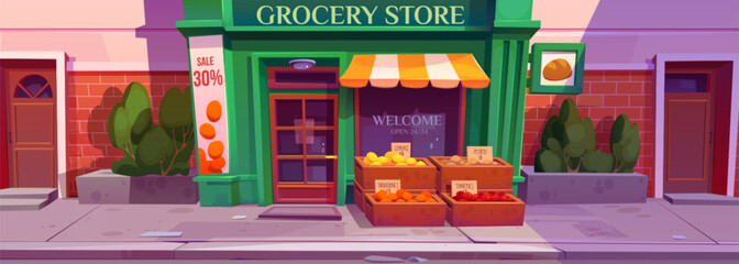 Grocery store front on morning city street. Vector cartoon illustration of open shop with large window and wooden door, boxes of fresh fruit and vegetables outside, sale announcement sign on facade