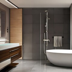 A spacious bathroom with a free-standing tub and a rain shower1, Generative AI