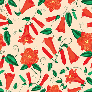 Raster illustration. Red copihue flowers on light peach background seamless repeat pattern.