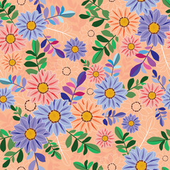 Raster illustration. Gazania flowers on peach background seamless repeat pattern