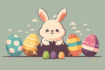Easter bunny with a decorated eggs cartoon illustration