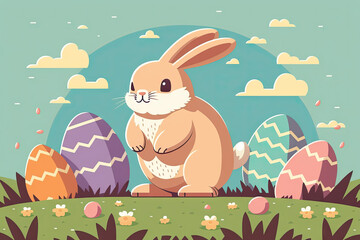 Bunny sitting next to Easter eggs in a garden illustration