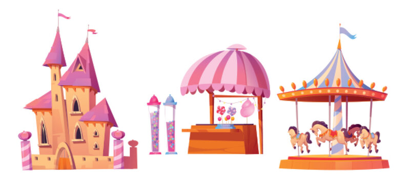 Cartoon set of amusement park design elements isolated on white background. Vector illustration of fantasy pink castle building, carousel with toy horses, sweets shop with candy floss and lollipops