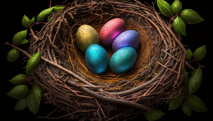 Obraz premium Colorful eggs in a cozy bird's nest