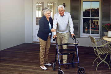 Home, retirement and happy senior couple with walking cane enjoy weekend, quality time and bonding on patio. Marriage, love and elderly man and woman smile for healthy lifestyle, wellness and relax