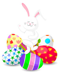 White rabbit sitting cross-legged on Easter eggs. Happy Easter day concept. Cute bunny, Cartoon character design, illustration.