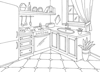 Fototapeta premium Kitchen room graphic black white home interior sketch illustration vector 