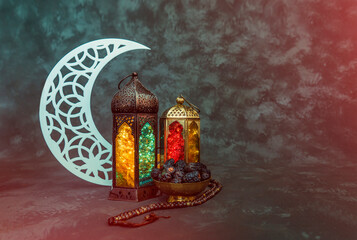 Ramadan Greetings image colourful lantern lamp with crescent moon 