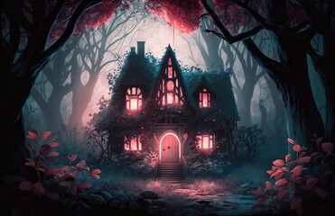 Fototapeta na wymiar Old witch house in the middle of a enchanted forest, generative AI, wallpaper