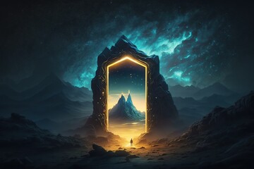 Night scene with magic portal, fantastic energy door to alien world. background with fantasy illustration of mountain landscape with mystic glowing in frame