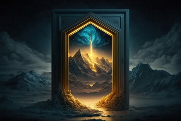 Night scene with magic portal, fantastic energy door to alien world. background with fantasy illustration of mountain landscape with mystic glowing in frame