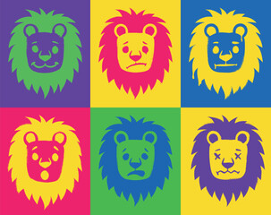 Lion graffiti set. NFT artwork with wild animal face in retro style. Non fungible token or crypto asset. Character expresses different emotions. Cartoon flat vector illustration collection