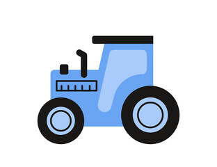 Agricultural equipment. Colorful sticker with blue tractor for harvesting and transporting crops. Machine for farming in countryside. Cartoon flat vector illustration isolated on white background