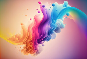Clubs of multicolored neon smoke, ink. An explosion, a burst of holi paint. Abstract psychedelic pastel light background. 3D rendering. AI generated.