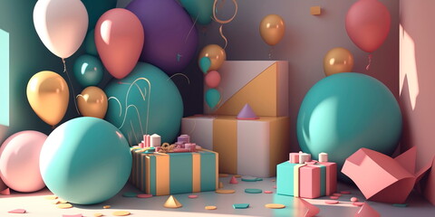 Obraz na płótnie Canvas Birthday banner. space with gifts and balloon decoration element for greeting design Generative AI