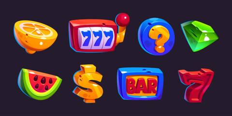 Set of casino cartoon slot machine icon. Cartoon gambling game ui element in vector. 777, dollar, watermelon and bar asset for online gamble website. Glossy lottery vector illustration collection.