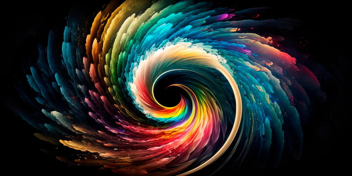 Panorama colorful swirl spiral, vivid vortex, over dark background. Design element for posters and banners.Generative AI