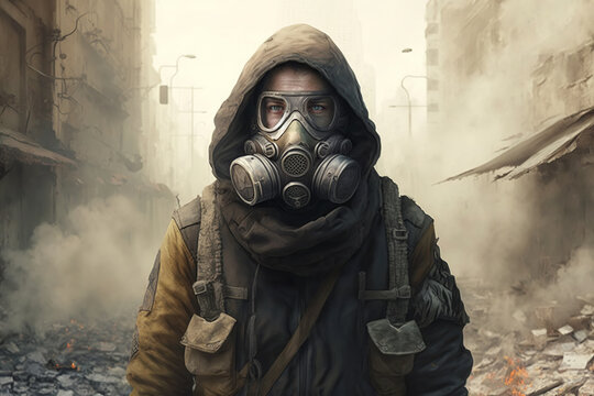 Portrait of an unrecognizable man soldier in gas mask and hood standing in ruined city. War, chemical pollution, disaster concept. Generative AI