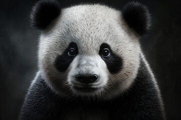 Cute panda, animal portrait. Sad mammals from bear family indoors, Generative AI