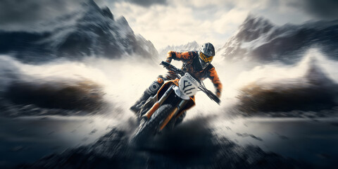 Banner Extreme motocross jump on bike with water splash, background mountain. Generation AI