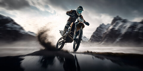 Banner Extreme motocross jump on bike, background mountain. Generation AI
