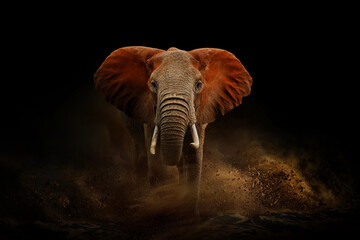 Amazing African elephant with dust and sand. A large animal runs towards the camera. Wildlife scene. Loxodonta africana - obrazy, fototapety, plakaty