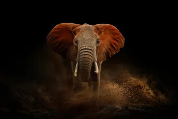 Poster Amazing African elephant with dust and sand. A large animal runs towards the camera. Wildlife scene. Loxodonta africana © byrdyak