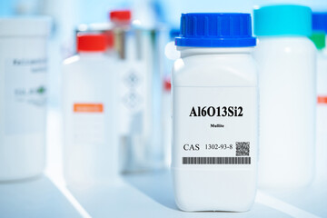 Al6O13Si2 mullite CAS 1302-93-8 chemical substance in white plastic laboratory packaging