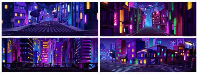 Neon light on night city road street cartoon landscape set of illustration. Urban vector skyline background with building and road at nighttime. Empty dark game panorama scene collection. © klyaksun