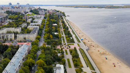 Samara, Russia - September 20, 2020: Beach - Field Descent. Monument to Prince Grigory Zasekin. Located on the banks of the Volga River, Aerial View